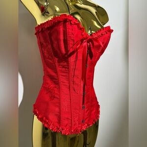 Red Satin Lace Up Corset XS Strapless Bustier Top Y2K